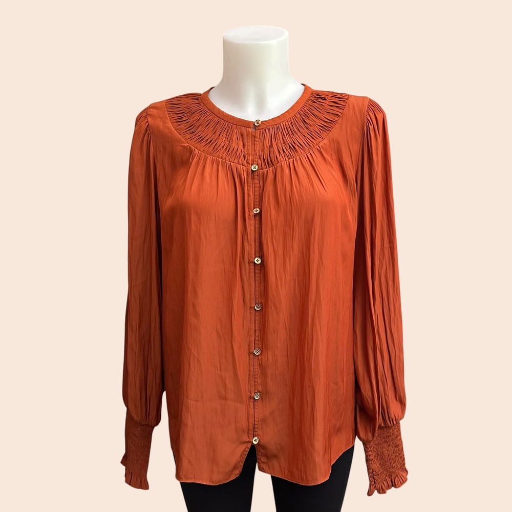 Ramy Brook Smocked Neckline Longsleeve Satin Soft Blouse Cinnamon sz S -New